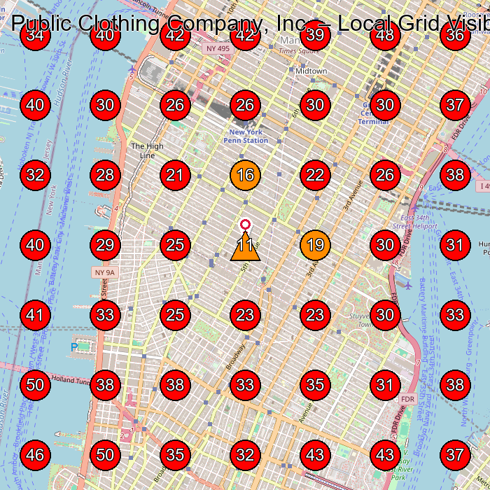 Public Clothing Company, Inc. GeoGrid visibility map for Clothing Store in New York